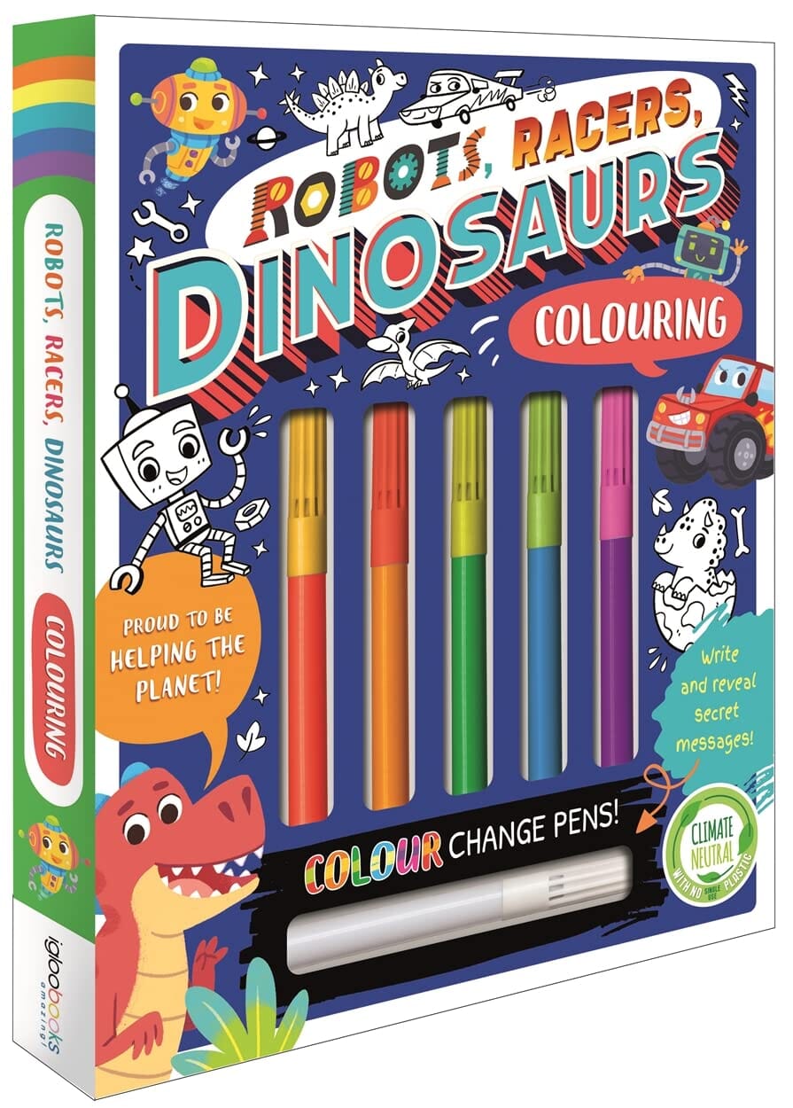 Robots, Racers, Dinosaurs Colouring Book With Pen Set by Igloo - Ages 3-6 - E-B00k