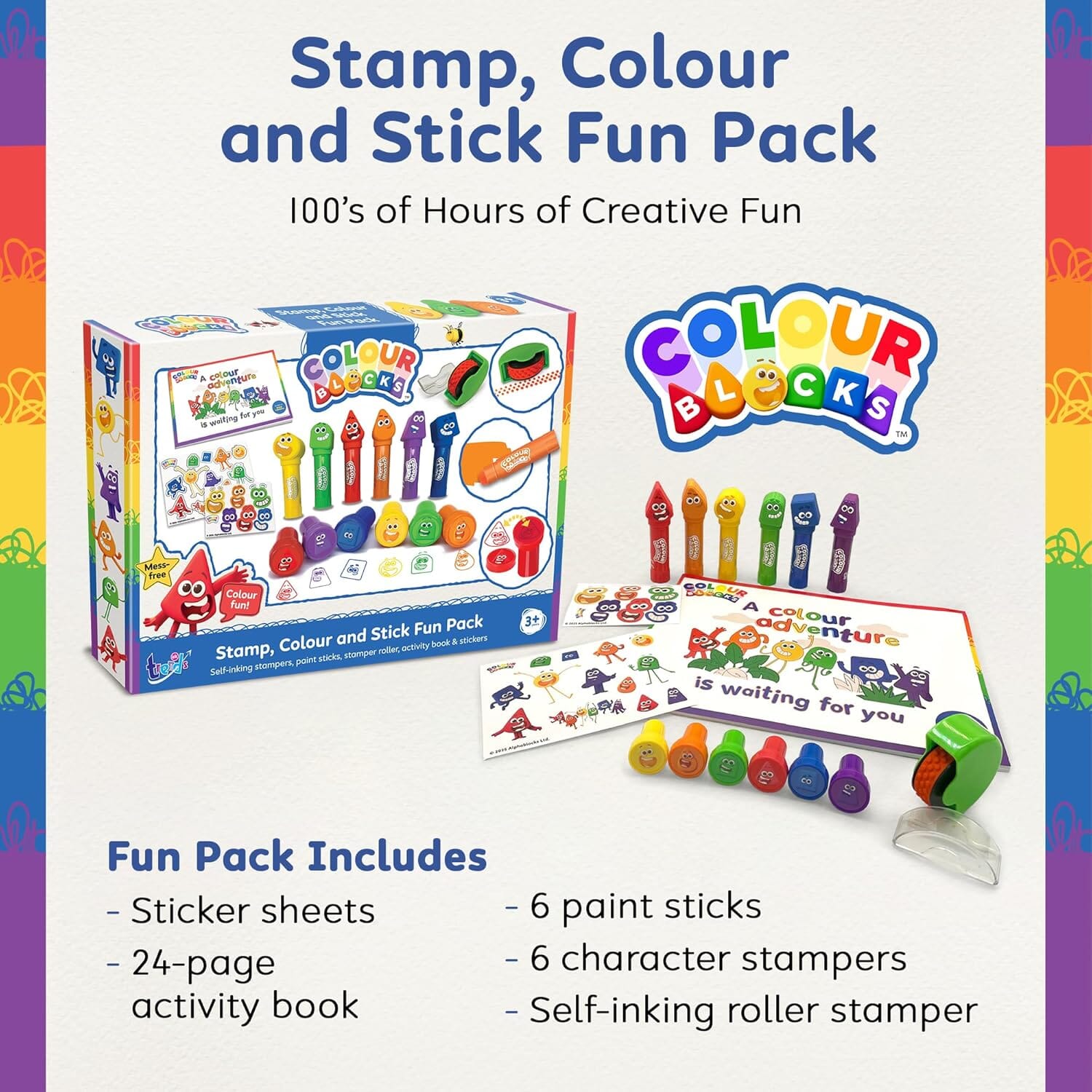 Colour Blocks: Stamp, Colour & Stick Fun Pack: Self-Inking Stampers, Paint Sticks, Stamper Roller, Activity Book & Stickers - Ages 3+ - Educational Toy