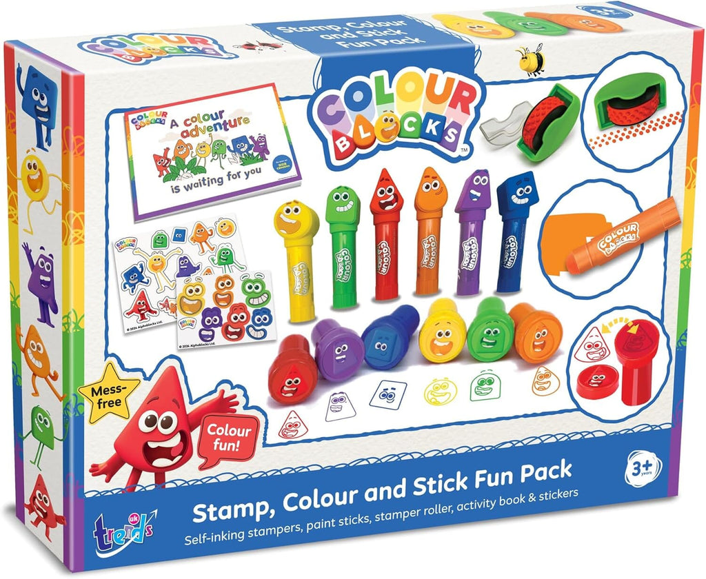 Colour Blocks: Stamp, Colour & Stick Fun Pack: Self-Inking Stampers, Paint Sticks, Stamper Roller, Activity Book & Stickers - Ages 3+ - Educational Toy